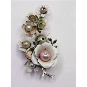 Vintage Coro White Enamel Flower Brooch Duette Clip Faux Pearl 1950s